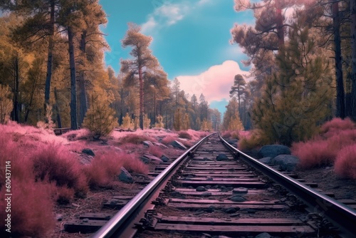 Railroad tracks in a forest landscape. Illustration AI Generative