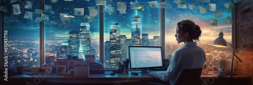Businesswoman working with city reflections, in the style of money themed, Il...