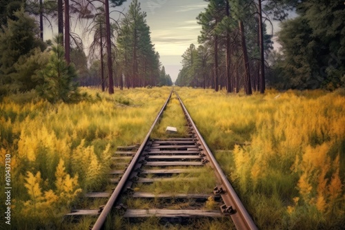 Railroad tracks in a forest landscape. Illustration AI Generative