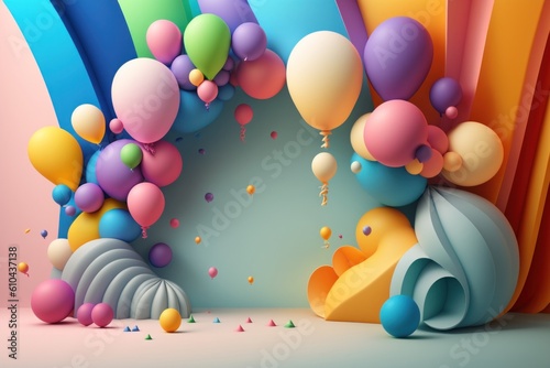 Birthday holiday background with balloons. Illustration AI Generative.