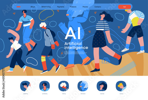 Artificial intelligence, AI and humanity -modern flat vector concept illustration of AI character walking among people in everyday life. Metaphor of AI advantage, benefit, friendliness concept