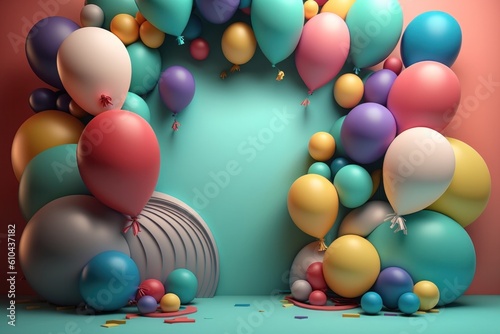 Birthday holiday background with balloons. Illustration AI Generative.