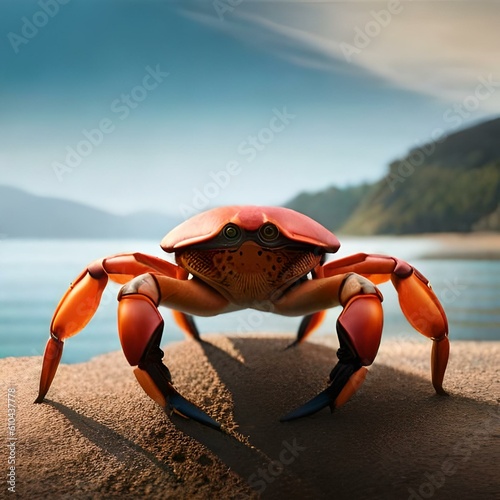 Close up image of a crab on a beach. (AI-generated fictional illustration) 