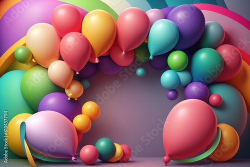 Birthday holiday background with balloons. Illustration AI Generative.