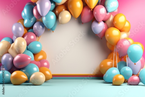 Birthday holiday background with balloons. Illustration AI Generative.