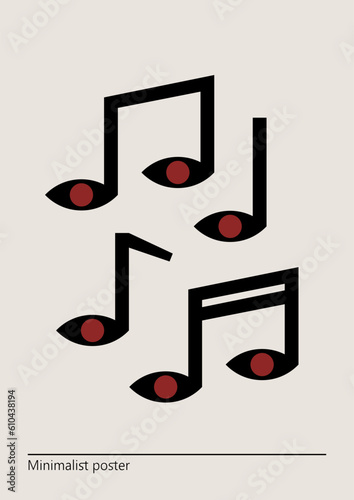 Vector illustration with musical notes. Artwork, minimalist poster design in red and black colors. Abstract wall art.
