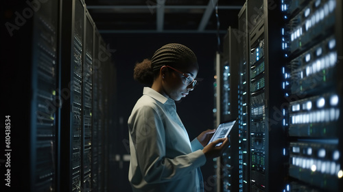 African Female Technician Working at Data Center. Management Conducting System Servers Diagnostics and Maintenance in a High-Tech Environment. Digital Technology System Administrator. generative ai