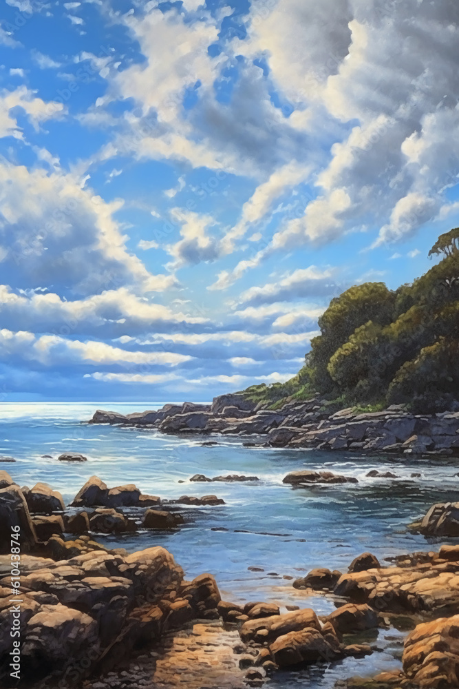 a painting of a rocky shore and water, in the style of realistic blue skies. AI generative