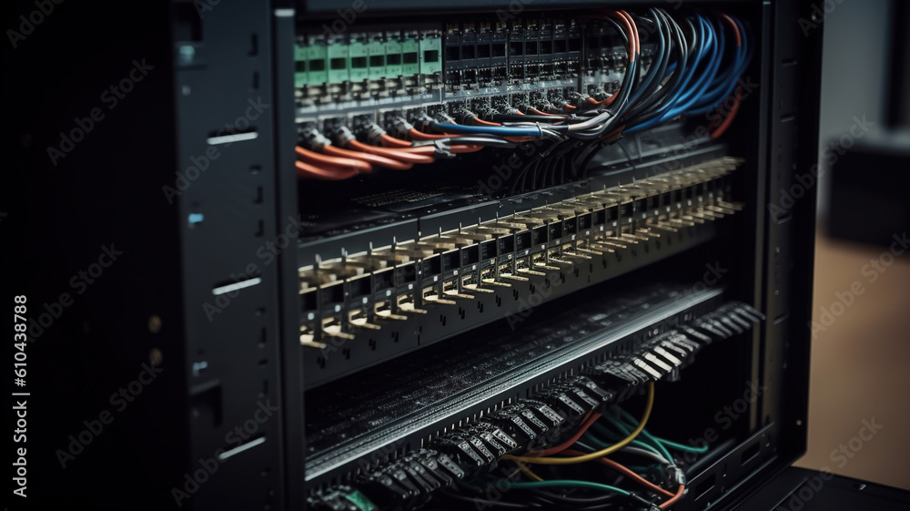Data Center Server Hardware Equipment, Cloud computing data storage rack with flickering light indicators, network cables, close-up view. generative ai Data Center Server Hardware Equipment, Cloud computing data storage rack with flickering light indicators, network cables, close-up view. generative ai