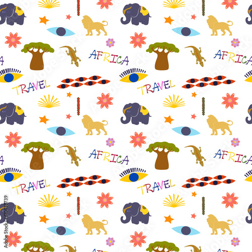 Wallpaper Mural A pattern with a lion and an elephant and words -Africa and travel Torontodigital.ca