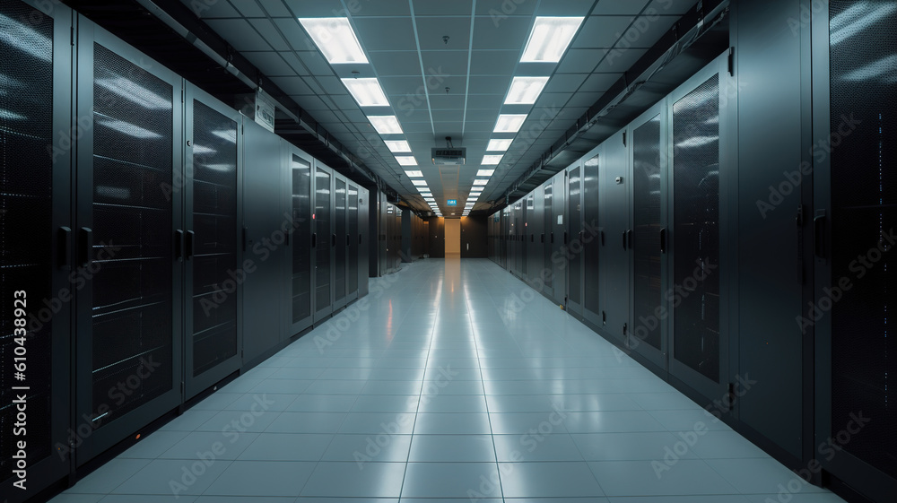 Data Center Server Room. Network Communication, Server Racks, and Telecommunication Equipment in a Cutting-Edge Technology Background. generative ai Data Center Server Room. Network Communication, Server Racks, and Telecommunication Equipment in a Cutting-Edge Technology Background. generative ai