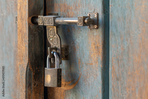 Lock on a wooden door.