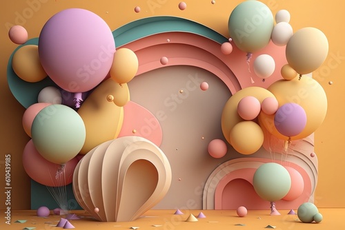 Birthday holiday background with balloons. Illustration AI Generative.
