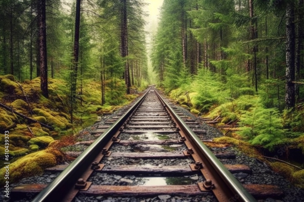 Railroad tracks in a forest landscape. Illustration AI Generative