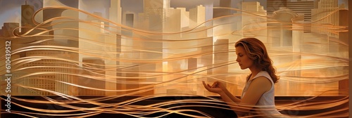 Businesswoman working with city reflections, in the style of money themed, Il...