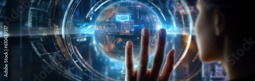 Hands holding a light bulb and technology background digital content. Illustr...
