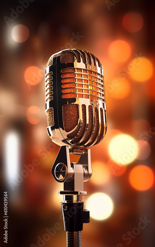Close up view of the microphone on stage and bokeh background on studio.Karaoke, podcasts, recording studio, music background
