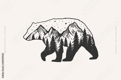 Silhouete image of a walking bear with a forest landscape on the body. Stars over dark forest and mountains. Wildlife and forest symbol on a light background. Vector illustra􀆟on for your design.