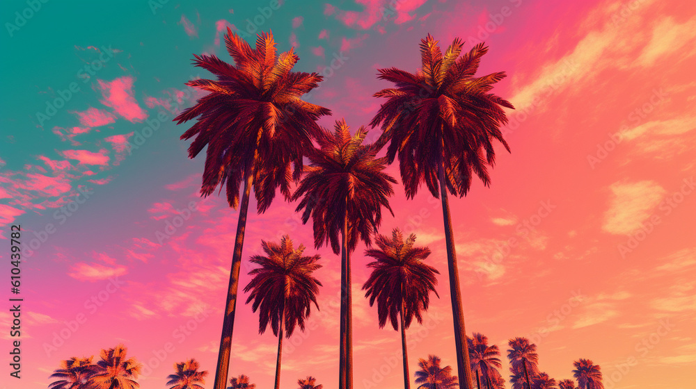 Summer sunset sky and palms. Generative ai