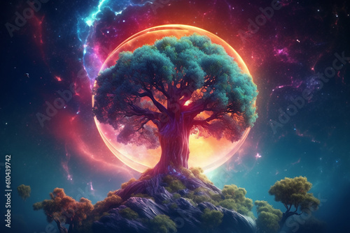 Yggdrasil world tree in a galactic nebula. Generative ai