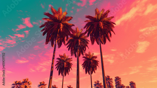 Summer sunset sky and palms. Generative ai © oreans