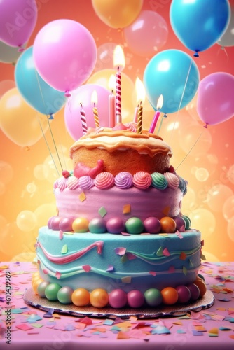 Birthday holiday background with balloons. Illustration AI Generative.