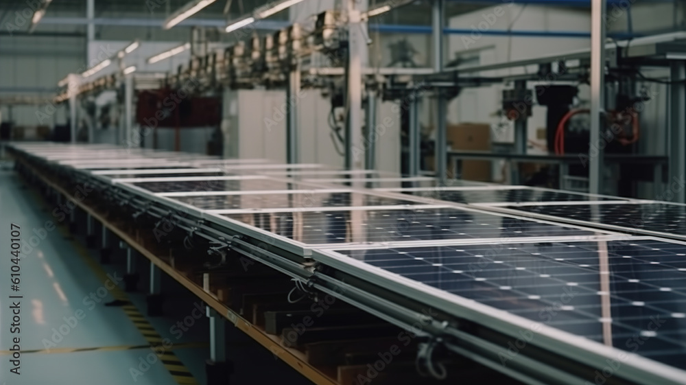 Solar Power Panel Factory. Green energy. Power Electricity Energy panels line production. Solar batteries plant. Environment Eco friendly, Green Energy concept. generative ai Solar Power Panel Factory. Green energy. Power Electricity Energy panels line production. Solar batteries plant. Environment Eco friendly, Green Energy concept. generative ai