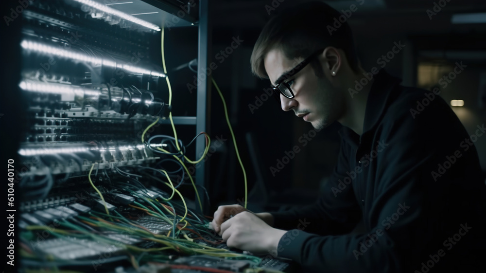 Technician Working at Data Center. Management Conducting System Servers Diagnostics and Maintenance in a High-Tech Environment. Digital Technology System Administrator. generative ai 