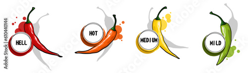 Hot chilli pepper vector set isolated on white background. Red, orange, yellow and green chilli pepper. Spicy vegetables, delicious dietary product. Scale mild, medium, hot and hell icons.