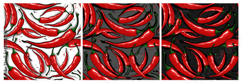 Seamless pattern with red hot chile peppers with shadow on black, gray and white background. Vector illustration of chili peppers and pepper peas. Set Hot spices.