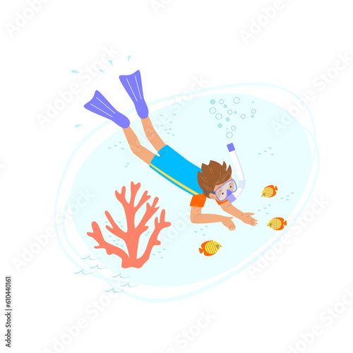 Little boy in diving mask and flippers swims in sea underwater among corals and looks goldfish. Vector children's illustration of family vacation with children, outdoor activities.
