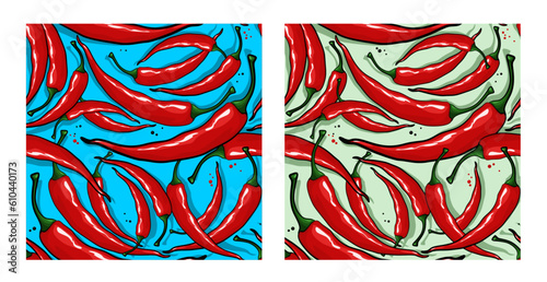 Set seamless pattern with red hot chile peppers with shadow on green and blue background. Vector illustration of chili peppers and pepper peas. Hot spices.