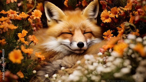Red fox peacefully sleeping in a bed of flowers © Georgina Burrows
