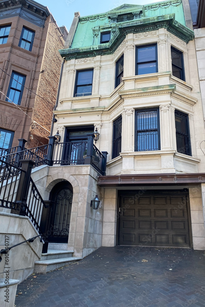 Hoboken, NJ, USA, brownstone entrance, facade of the building, staircase leading to the door