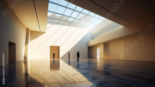 Abstract interior design of a modern gallery with visitors standing in the room. Background. Generative AI