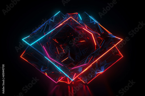 An image of an abstract neon pentagon with vibrant red and blue colors on a clean black background.