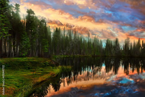 sunset over the river and forest. Painting generated by Ai