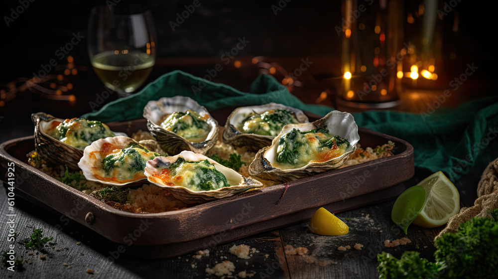 Illustration of oysters rockefeller food - AI generated image.