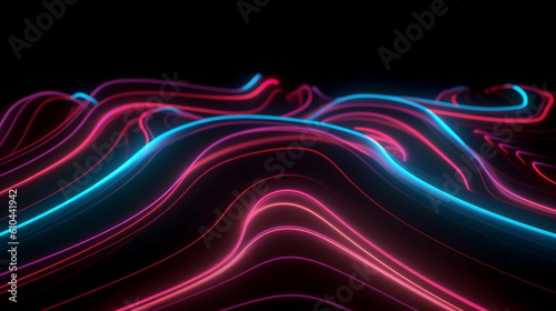 An image of a 3D render. Abstract futuristic neon background. Red pink blue rounded lines, glowing in the dark. Ultraviolet spectrum. Cyber space. Minimalist.