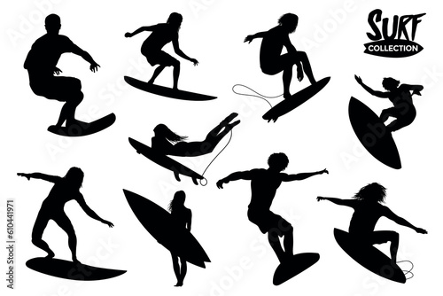 Collection of isolated surf silhouettes in different views. High detail. Graphic resources.