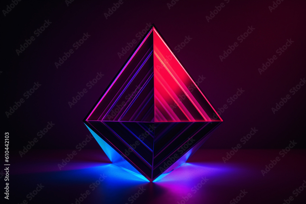 Fototapeta premium An image of a minimalist neon rhombus with a gradient of purple and blue hues against a clean dark red background.