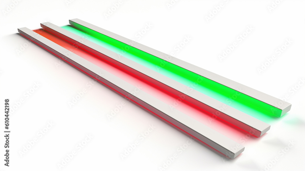An image of a sleek neon parallelogram with alternating red and green shades on a clean white background. An image of a sleek neon parallelogram with alternating red and green shades on a clean white background.