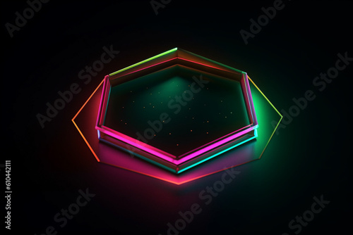 An image of a minimalist neon pentagon with a gradient of pink and orange hues against a clean dark green background.