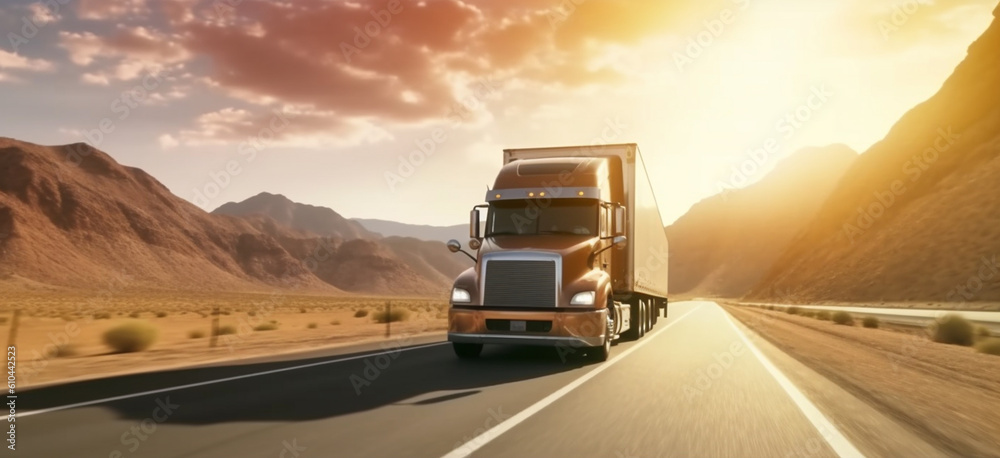 Truck on the highway at sunset. Generative AI