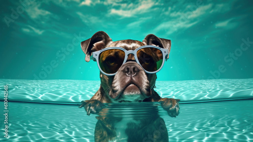 An AI generated illustration of a dog swimming in a pool wearing sunglasses. © Soeren