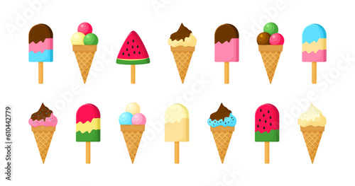 Ice cream cone and stick, summer sundae, cartoon waffle vector icon. Soft dessert different flavor. Sweet food set isolated on white background. Candy illustration