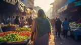 Arabic city street flowers vegetables and fruits bazar marketplace , people and buying p food,generated ai
