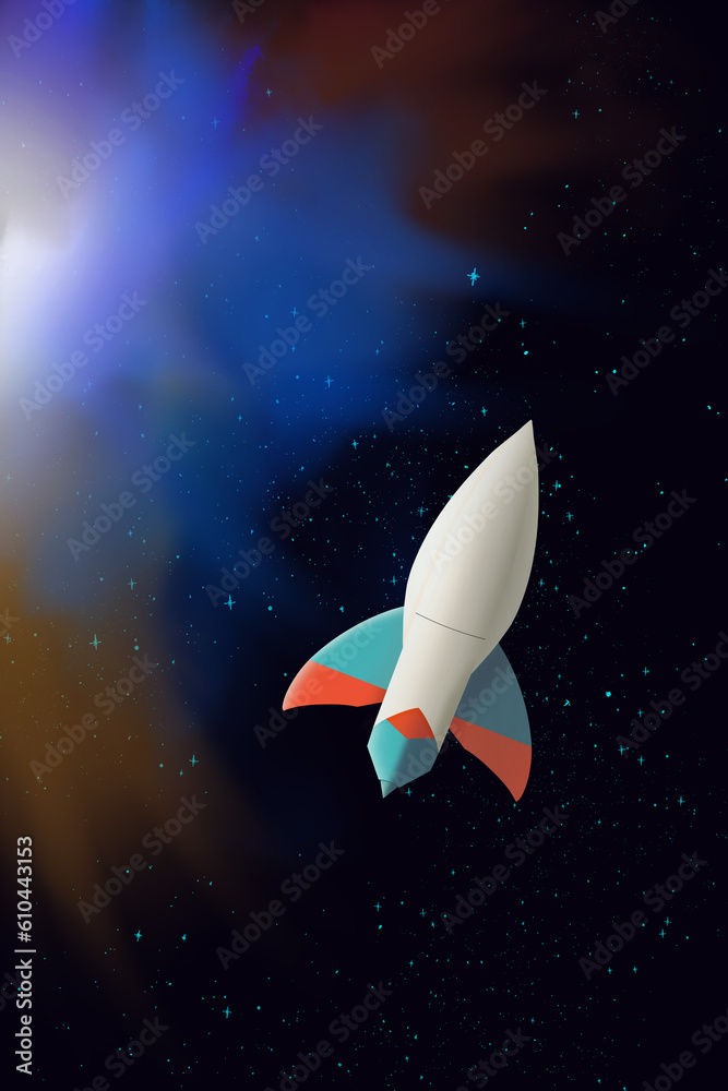 A futuristic alien shuttle flies in space against the glowing nebula. Endless space and a flying UFO rocket in a cartoon sci-fi style illustration. A futuristic alien shuttle flies in space against the glowing nebula. Endless space and a flying UFO rocket in a cartoon sci-fi style illustration.