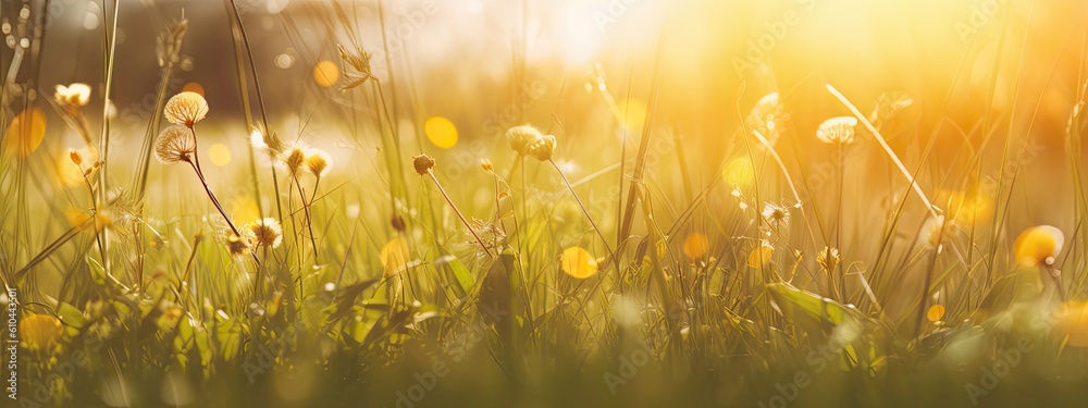 Sunset spring scene in the grass