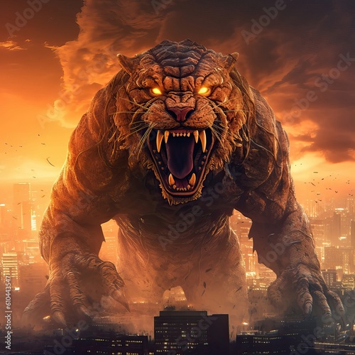 Giant kaiju tiger monster destroying city